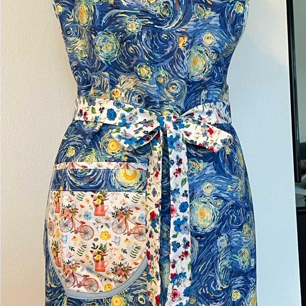 Starry Night Apron with Floral Pocket.Handmade. Each Apron is Unique…